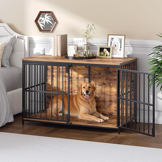 HOOBRO 46.5" Large Dog Crate Furniture, Wooden Dog Kennel Indoor, Chew-Resistant Heavy Duty Dog Cage for Large/Medium Dog, Decorative Side End Table, Rustic Brown and Black BF120GW03