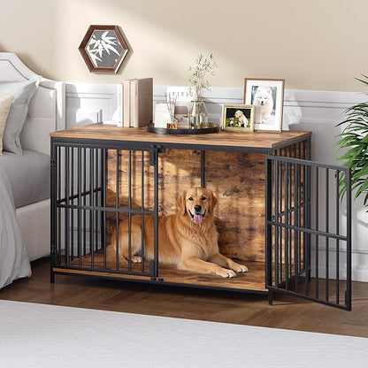 HOOBRO 46.5" Large Dog Crate Furniture, Wooden Dog Kennel Indoor, Chew-Resistant Heavy Duty Dog Cage for Large/Medium Dog, Decorative Side End Table, Rustic Brown and Black BF120GW03