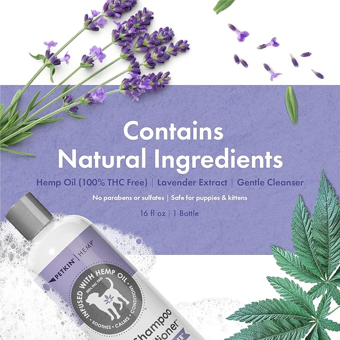Petkin Hemp Shampoo & Conditioner for Dogs and Cats  with Hemp Oil & Calming Lavender Extract, 16 fl oz  Soothes, Calms & Conditions, Keeps Pet Smelling Great  for Home and Travel