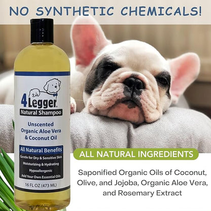 Organic Natural Dog Shampoo, Hypoallergenic Dog Shampoo, Puppy Safe Coconut Shampoo, Sensitive Skin, Fragrance Free with Aloe for Soothing Relief of Dry, Itchy, Sensitive Allergy Skin 16 oz