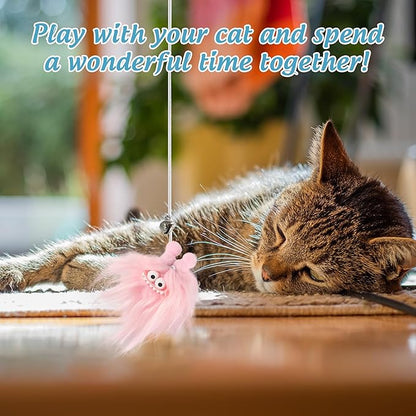 Elastic Plush Cat Wand Toy Funny Interactive Cat Fishing Pole Toy with Bell Soft Natural Wood Kitten String Toys for Indoor Cats Kittens Bored Cats (3 Pack)