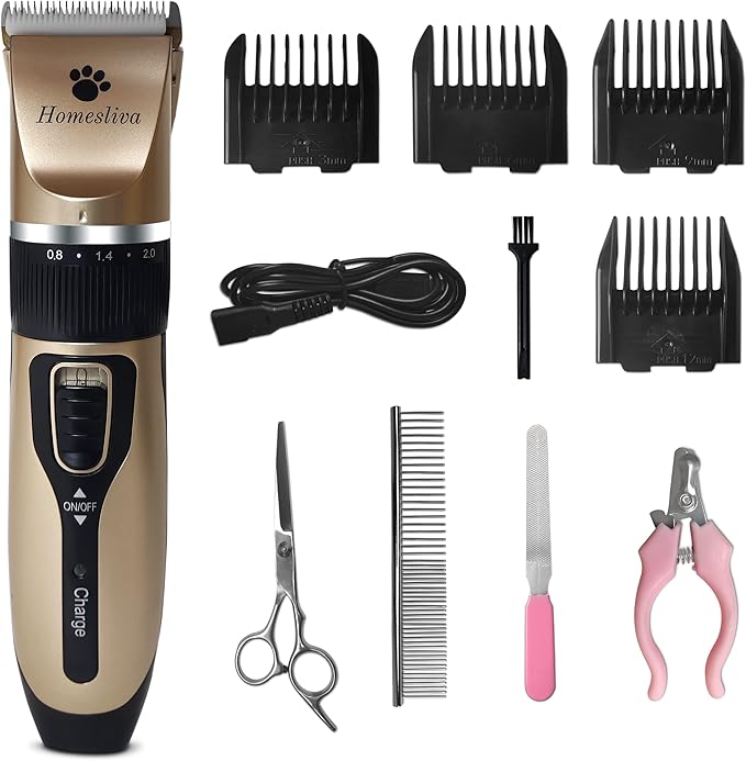 Dog Grooming Shaver Kit Clippers Low Noise Rechargeable Cordless Electric Quiet Hair Clippers Set for Dogs Cats Pets (Gold)