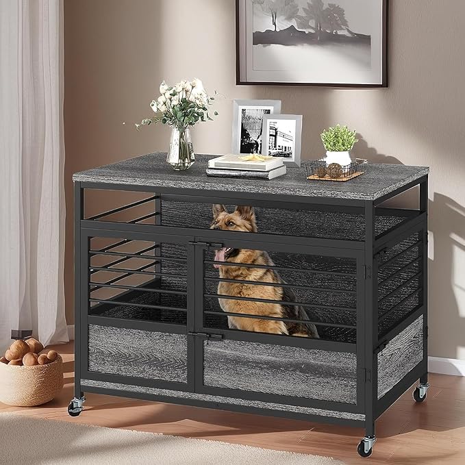 YITAHOME 39" Dog Crate Furniture with Wheels, Farmhouse Decorative Wood Dog Cage End Table Chew-Resistant Wooden Dog Kennel Indoor for Small Dogs, Grey