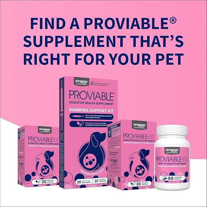 Nutramax Proviable Probiotics for Dogs and Cats, Daily Digestive Health Supplement with Multiple Strains of Bacteria, Cat and Dog Probiotics Plus Prebiotics, 30 Capsules