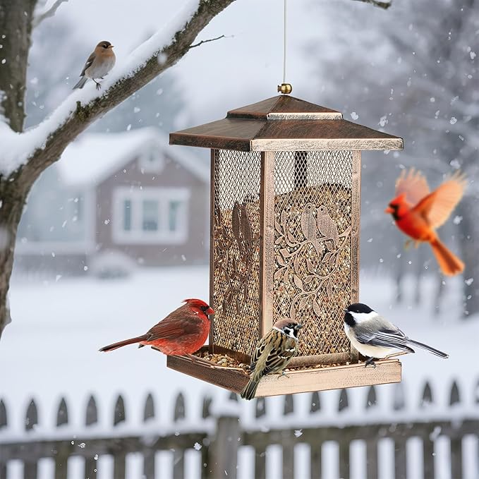 LBTING Bird Feeder for Outside, Metal Lantern-Shaped Bird Feeder, Squirrel Proof Wild Bird Feeders for Hanging Outdoor Garden Yard, Birds Pattern