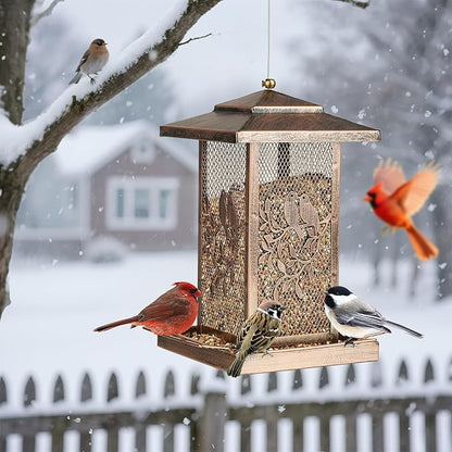 LBTING Bird Feeder for Outside, Metal Lantern-Shaped Bird Feeder, Squirrel Proof Wild Bird Feeders for Hanging Outdoor Garden Yard, Birds Pattern