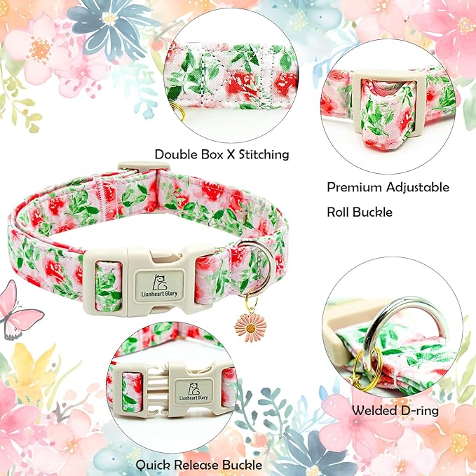 Lionheart glory Dog Collar Pink Flower Dogs Collar Summer Spring Cute Collars Dog Girl or Boy Soft Durable Adjustable Dog Collars for Medium Dogs Pet Gift