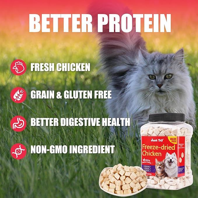 Just Try 7.05 oz Freeze Dried Chicken Cat & Dog Treats Food Topper Raw Single Ingredient High Protein Grain Free Healthy Dog Training Treats