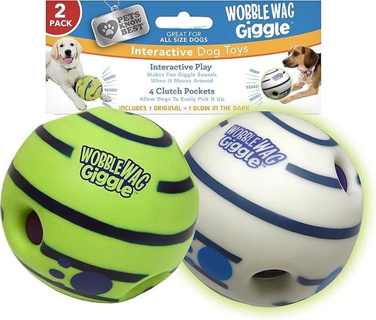 Wobble Wag Giggle Ball 2 Pack- Interactive Dog Toy, Fun Giggle Sounds When Rolled or Shaken, Pets Know Best, 1 Original & 1 Glow in The Dark Ball