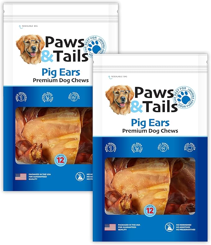 PAWS&TAILS Premium All-Natural Pig Ears for Dogs - Joint Health Support, Thick-Cut - High-Protein, Low-Fat Treats for Dental Hygiene - No Additives or Preservatives. (24, Natural Whole Pig Ears)
