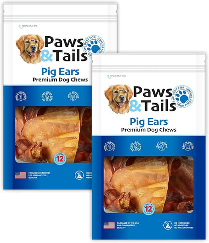 PAWS&TAILS Premium All-Natural Pig Ears for Dogs - Joint Health Support, Thick-Cut - High-Protein, Low-Fat Treats for Dental Hygiene - No Additives or Preservatives. (24, Natural Whole Pig Ears)