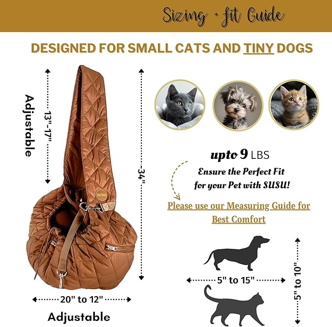 SUSU Cat Sling & Dog Slings for Small Dogs up to 9lbs | Ultra-Soft Parachute-Grade Fabric, Adjustable Strap and Closure | Dual Carry Options Puppy Carrier | Cat Carrier Pouch with Two Zipper Pockets