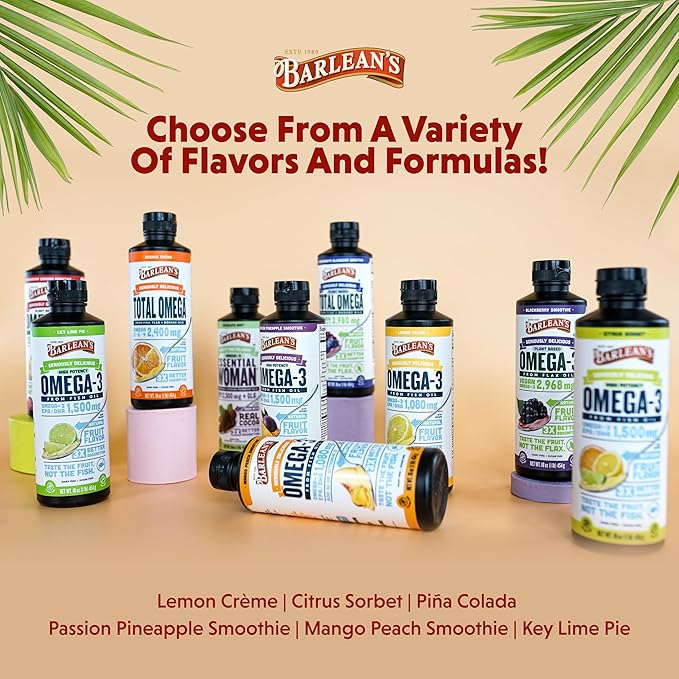 Barlean's Mango Peach Omega 3 Fish Oil Liquid Supplement with Vitamin D, 1080mg EPA & DHA Fatty Acid, Smoothie Flavored & Burpless for Brain, Joint, & Heart Health, 32 oz