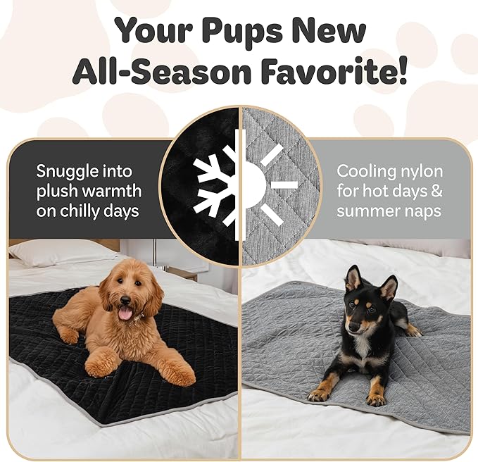 Reversible Dog Blankets 60" x 40" - Water-Resistant Pet Blankets with Plush Warm Side & Cooling Nylon Side - Machine Washable Large Dog Blanket for Car, Couch, Bed & Furniture - Grey/Black