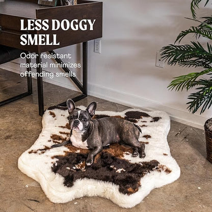 PupRug Orthopedic Dog Bed for Large Dogs with Fluffy Soft Faux Fur and Memory Foam for Joint Pain Relief, Machine Washable and Waterproof Couch Bed, Brown Cowhide, Medium