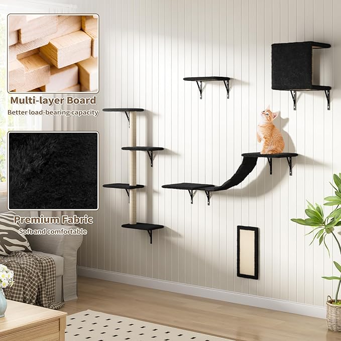 Cat Wall Shelves, Wall Mounted Cat Furniture, Cat Wall Climber with Bridge, Perches, Ledges and Beds, Kitty Jungle Gym for Wall, Set of 5 (Black)