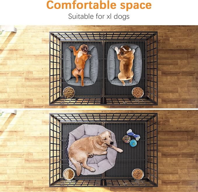 Dosker 54 inch XL Dog Crate for Large Dog/Double Medium Dogs,Heavy Duty Metal Dog Cages,All Metal Open Top Stackable,Dog Kennel Indoor with Wheels,Floor Grid, Tray, Divider and Feeding Bowl