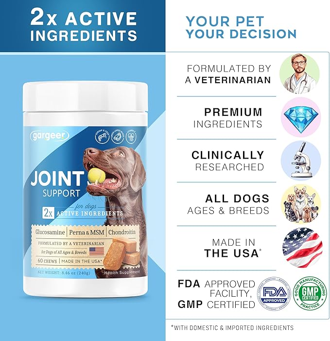 Advanced Hip & Joint Support Pro Supplement. Rich with Glucosamine, MSM & Green Lipped Mussel. For All Dog Breeds & Ages. 60 Duck Flavored Chews for Enhanced Mobility. Made in the USA, Enjoy !