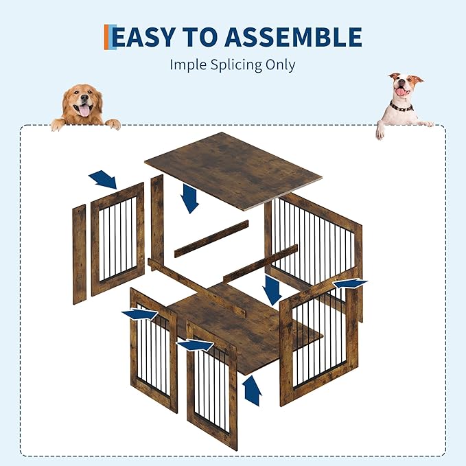 42.1" Dog Crate Furniture, Wooden Kennel with Locking Double Doors, Chew-Resistant Indoor Pet Cage End Table for Large Breeds, Brown