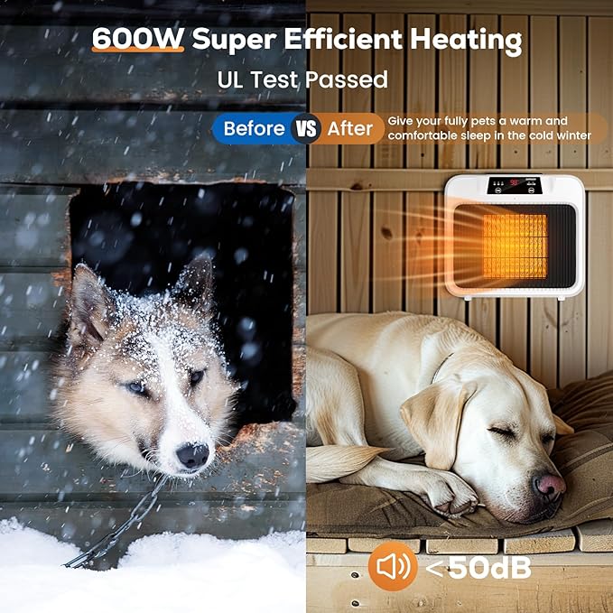 600W Dog House Heater, Pet Heater w Time Setting (2 4 8 H) Dog Heater for Outside Winter, 300/600W 2 Mode Electric Heater Indoor Outside for Livestock Kennel Heater Cat Cage Coop Winter