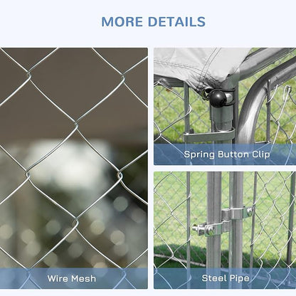 PawHut Large Dog Kennel Outside, Heavy Duty Dog Cage with Waterproof Cover, Outdoor Fence Dog Run with Galvanized Chain Link, Secure Lock, 7.5' x 7.5' x 5.6'