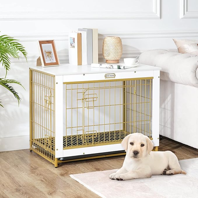 HOOBRO Dog Crate Furniture, 32.5" Medium Dog Kennel Indoor, Wooden Cage with Pull-Out Tray, Double Doors Pet House Side End Table for Medium/Small Dogs, White DW802GW03