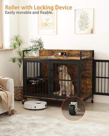 Piskyet Large Dog Crate Furniture,Heavy Duty Dog Crate Table with Charge Station and Storage&360°Rotatable Feeder and Stainless Steel Bowls,Indoor Double Door Kennel with Wheels,Rustic Brown 39.9" L