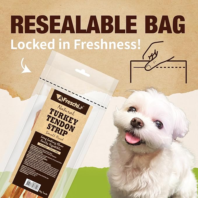 Afreschi Turkey Tendon Dog Treats, Strip 3.53 oz, USA Sourced Turkey, All Natural Human Grade Puppy Chew, Hypoallergenic, Rawhide Alternative, for Small Breeds