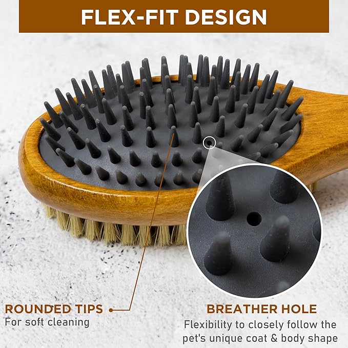 TAKAVU Short Hair Dog Cat Brush, Double-Sided Silicone & Bristle Pet Grooming Brush for Removing Dirt & Loose Hair, Coats Detangling Deshedding, Massage Pet Skin, Wood Handle Pet Comb