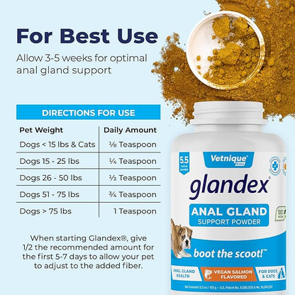 Vetnique Glandex Dog Fiber Supplement Powder for Anal Glands with Pumpkin, Digestive Enzymes & Probiotics - Vet Recommended (Regular or Advanced Strength) - Boot The Scoot (5.5 oz, Vegan Salmon)