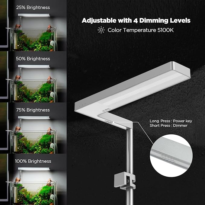 ONF Flat Nano 15W Full Spectrum Aquarium Light, 4 Level Dimmable Plant Light, IP54 Waterproof Freshwater Use Only, Suitable for 2-9 Gallon Rimless Fish Tanks, Terrariums, & Potted Plants, Silver