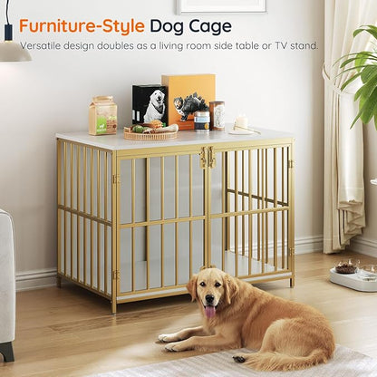 HOOBRO 38.6" Dog Crate Furniture, Wooden Dog Kennel Indoor, Chew-Resistant Heavy Duty Dog Cage for Small/Medium Dog, Decorative Side End Table, White and Gold DW100GW03