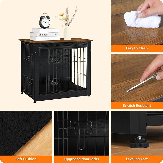 DWANTON Dog Crate Furniture with Cushion, Wooden Dog Crate with Double Doors, Dog Furniture, Dog Kennel Indoor for Small Dogï¼_nd Table, 27.2" L, Black+Warm Brown