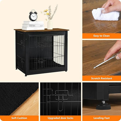 DWANTON Dog Crate Furniture with Cushion, Wooden Dog Crate with Double Doors, Dog Furniture, Dog Kennel Indoor for Small Dogï¼_nd Table, 27.2" L, Black+Warm Brown