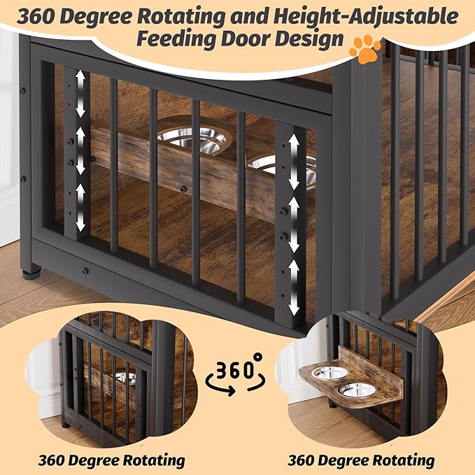 IDEALHOUSE Dog Crate Furniture, Large Dog Cage for Medium Dogs, 41 Inch Dog Kennel with Adjustable Raised Feeders, Indoor Heavy Duty Metal End Table Dog Crate with 2 Open Storage Shelves