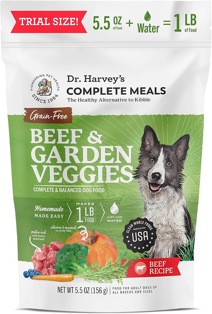 Dr. Harvey's Beef & Garden Veggies Dog Food, Human Grade Grain-Free Dehydrated Food for Dogs with Freeze-Dried Beef, Trial Size (5.5 Oz)