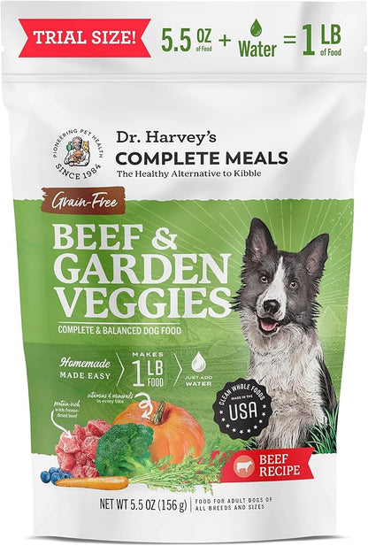 Dr. Harvey's Beef & Garden Veggies Dog Food, Human Grade Grain-Free Dehydrated Food for Dogs with Freeze-Dried Beef, Trial Size (5.5 Oz)