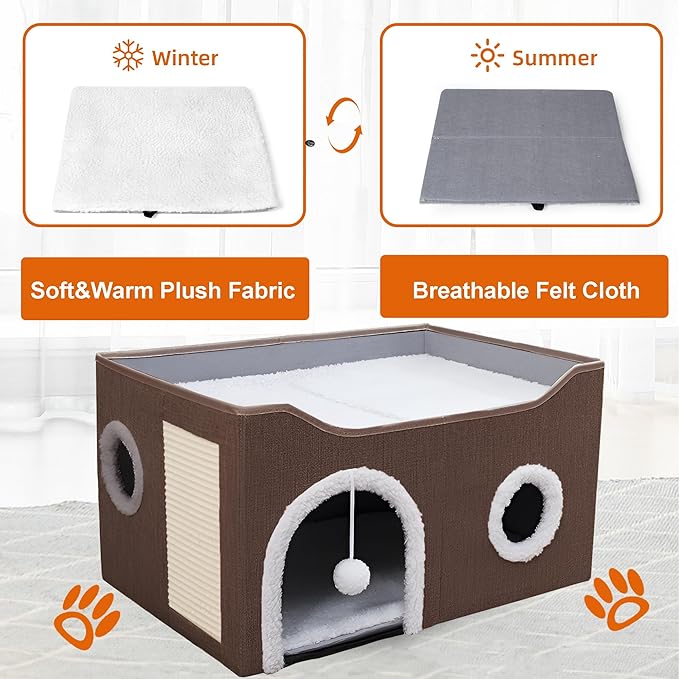 Cat Houses for Indoor Cats - Large Cat Bed Cave with Scratch Pad and Fluffy Ball, Foldable Cat Condo Hideaway with Reversible Cushion for Multi Small Petï¼_rown