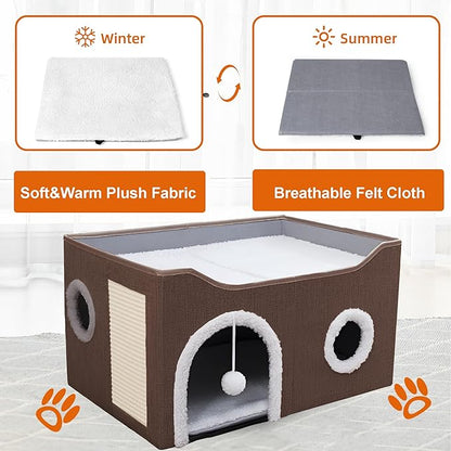 Cat Houses for Indoor Cats - Large Cat Bed Cave with Scratch Pad and Fluffy Ball, Foldable Cat Condo Hideaway with Reversible Cushion for Multi Small Petï¼_rown