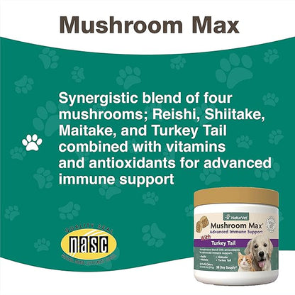 NaturVet Mushroom Max Advanced Immune Support Dog Supplement  Helps Strengthen Immunity, Overall Health for Dogs  Includes Shitake Mushrooms, Reishi, Turkey Tail  60 Ct.