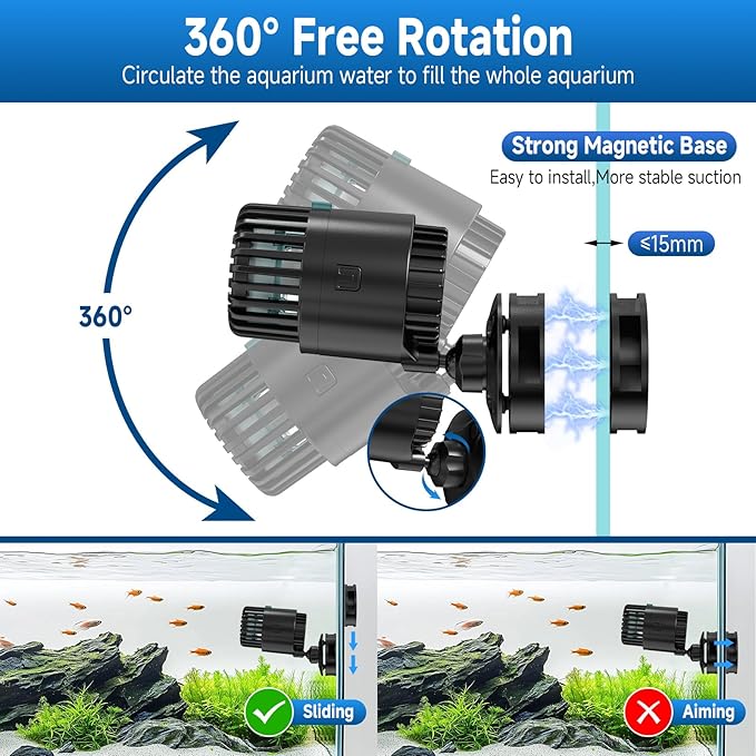 AQQA Aquarium Wave Maker with Magnetic Base 1200GPH Fish Tank Wavemaker Submersible Circulation Pump Powerhead 360°Rotatable Quiet Operation for Freshwater 20-75 Gallon Tank (5W)