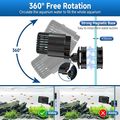 AQQA Aquarium Wave Maker with Magnetic Base 1200GPH Fish Tank Wavemaker Submersible Circulation Pump Powerhead 360°Rotatable Quiet Operation for Freshwater 20-75 Gallon Tank (5W)