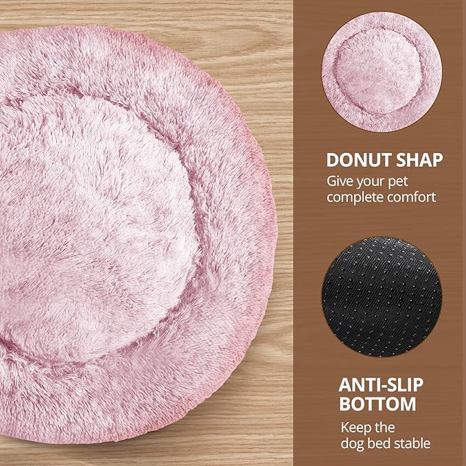 JOLLYVOGUE Dog Bed Cat Bed, Anti-Anxiety Small Dog Bed, Calming Donut Dog Bed for Puppy Bed, Fluffy Dog Beds for Small Medium Dogs, Washable Round Puppy Bed for Indoor Pet (24"/Smoke Pink