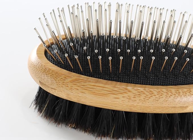 Double Sided Dog Brush Pin and Boar Bristle Pet Grooming Comb for Long or Short Haired Dogs and Cats Removing Shedding Tangles and Dead Undercoat