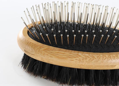 Double Sided Dog Brush Pin and Boar Bristle Pet Grooming Comb for Long or Short Haired Dogs and Cats Removing Shedding Tangles and Dead Undercoat