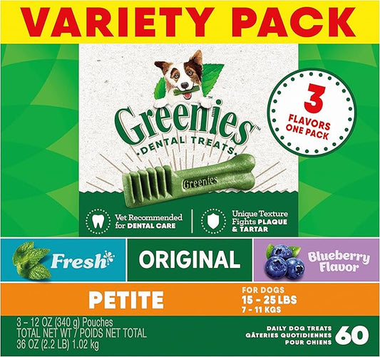 Greenies Petite Dental Dog Treats, 3-Flavor Variety Pack, (3) 12 oz. Pouches, 60 Total Treats