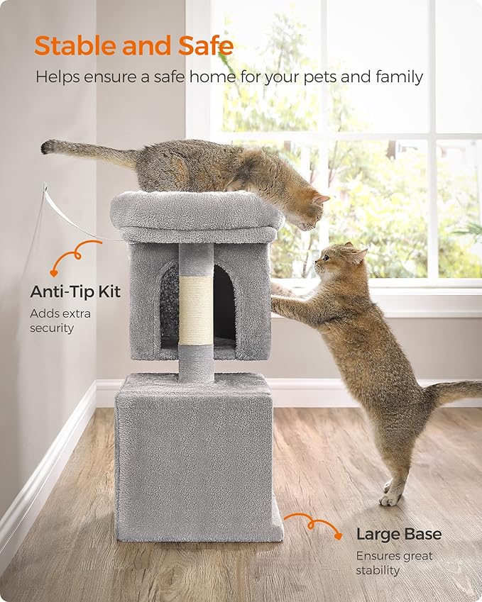 Feandrea Cat Tree, 26.4-Inch Cat Tower, S, Cat Condo for Kittens up to 7 lb, Large Cat Perch, 2 Cat Caves, Scratching Post, Light Gray UPCT611W01