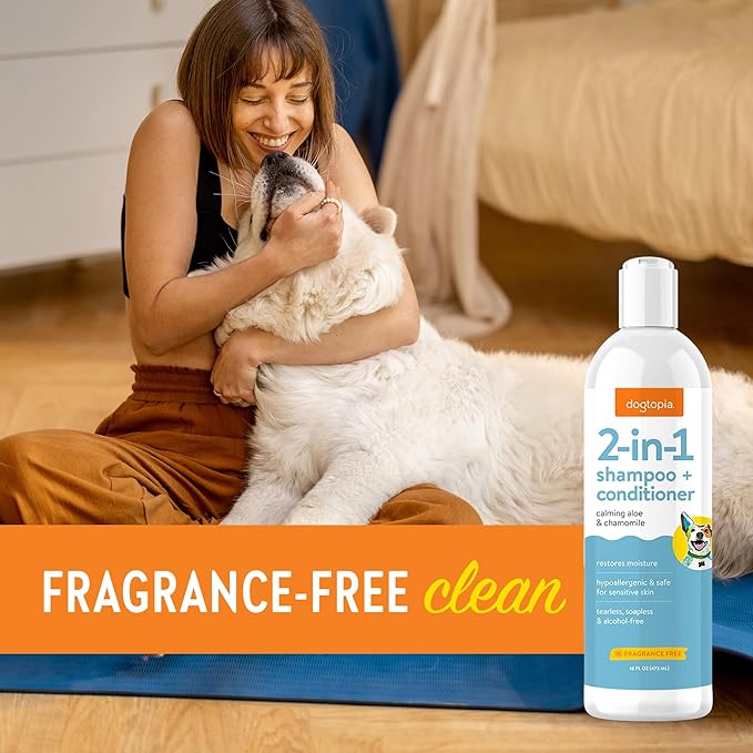 2-in-1 Shampoo & Conditioner | Fragrance-Free Shampoo/Conditioner for Dogs and Pets, Rich with Soothing Emollients | Hypoallergenic, Tearless, Soapless & Alcohol-Free for Everyday Use