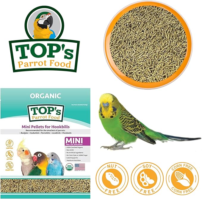 TOP's Parrot Food Mini Pellets Bird Food for Budgies, Cockatiels, Parrotlets, Lovebirds, Parakeets - USDA Certified Organic - 25 lbs
