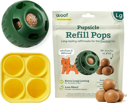 WOOF Starter Pack - Interactive Dog Toys for Boredom - Dog Treat Molds Silicone - Chicken-Flavored Healthy Treats for Dogs - Pupsicle Doggy Enrichment Toy - for Large Pups - 25-75 lbs